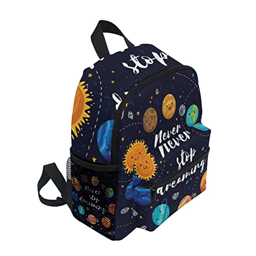 Pfrewn Cute Solar System Space Toddler Backpacks for Kids Never Stop Dreaming Preschool Schoolbag Backpack for Boys Mini Kindergarten Nursery Bag with Chest Strap