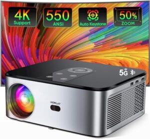 horlat projector with 5g wifi and bluetooth, 550 ansi full hd 1080p outdoor projector 4k support, auto/4p/4d keystone & 50% zoom, movie projector compatible with phone/laptop/tv stick/ps5