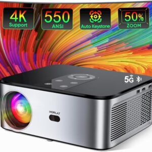 HORLAT Projector with 5G WiFi and Bluetooth, 550 ANSI Full HD 1080P Outdoor Projector 4K Support, Auto/4P/4D Keystone & 50% Zoom, Movie Projector Compatible with Phone/Laptop/TV Stick/PS5