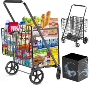 extra large shopping cart for groceries, 450lbs heavy duty grocery cart on wheels, folding dual basket utility carts with waterproof liner, shopping carts for transport, laundry, gift, luggage, black