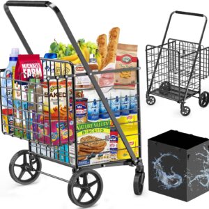 Extra Large Shopping Cart for Groceries, 450lbs Heavy Duty Grocery Cart on Wheels, Folding Dual Basket Utility Carts with Waterproof Liner, Shopping Carts for Transport, Laundry, Gift, Luggage, Black