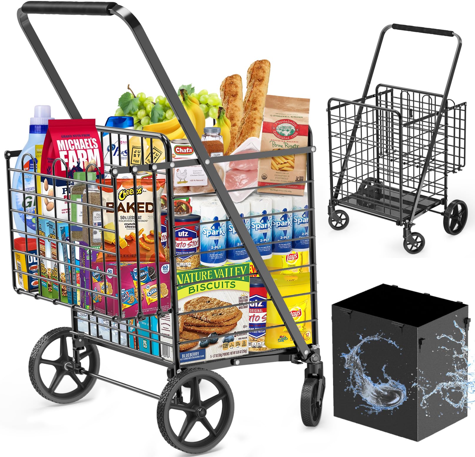 Extra Large Shopping Cart for Groceries, 450lbs Heavy Duty Grocery Cart on Wheels, Folding Dual Basket Utility Carts with Waterproof Liner, Shopping Carts for Transport, Laundry, Gift, Luggage, Black