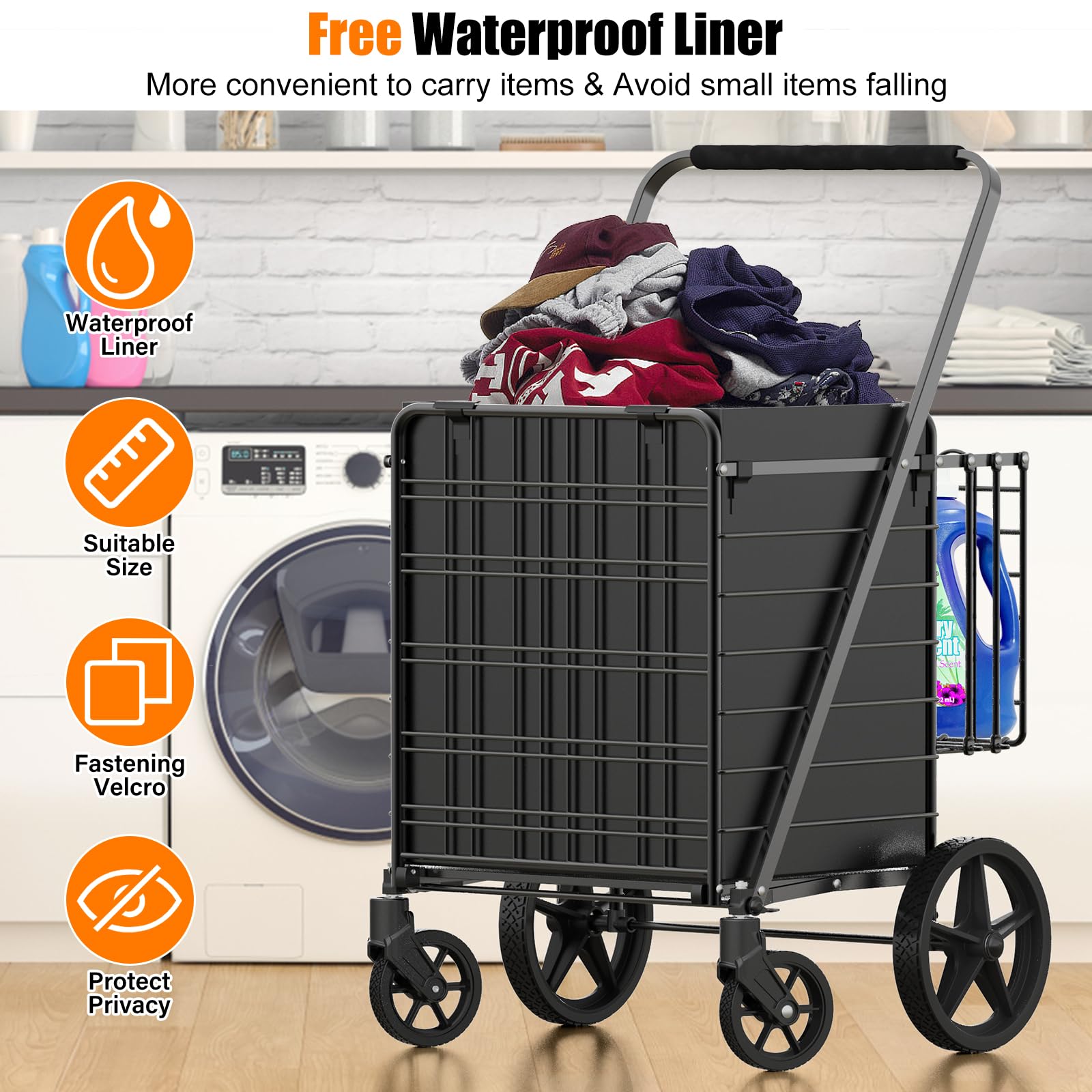 Extra Large Shopping Cart for Groceries, 450lbs Heavy Duty Grocery Cart on Wheels, Folding Dual Basket Utility Carts with Waterproof Liner, Shopping Carts for Transport, Laundry, Gift, Luggage, Black