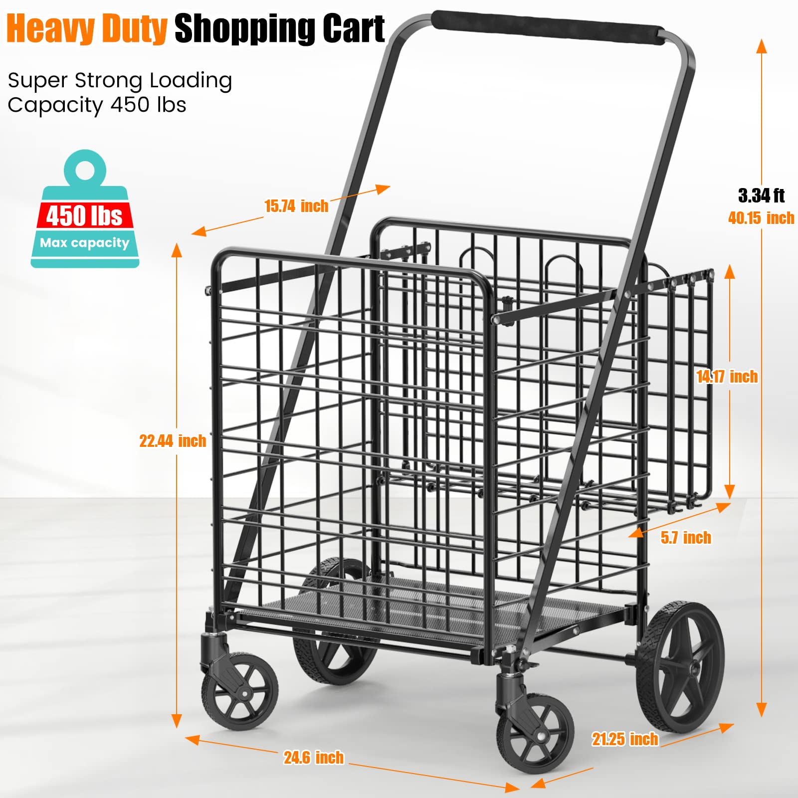 Extra Large Shopping Cart for Groceries, 450lbs Heavy Duty Grocery Cart on Wheels, Folding Dual Basket Utility Carts with Waterproof Liner, Shopping Carts for Transport, Laundry, Gift, Luggage, Black