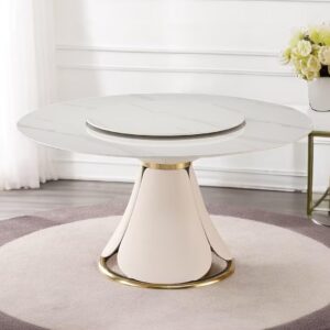 runboll 59" sintered stone round dining table with detachable lazy susan modern dinner table with 31.5" round turntable, pu leather and metal pedestal(not included chairs)
