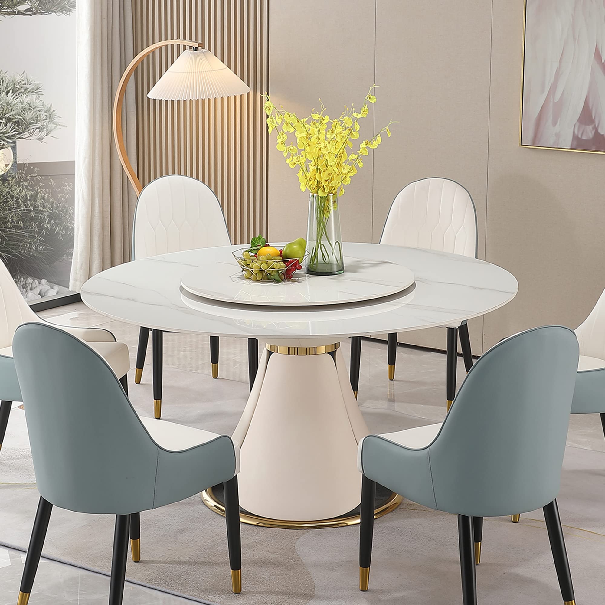 Runboll 59" Sintered Stone Round Dining Table with Detachable Lazy Susan Modern Dinner Table with 31.5" Round Turntable, PU Leather and Metal Pedestal(Not Included Chairs)
