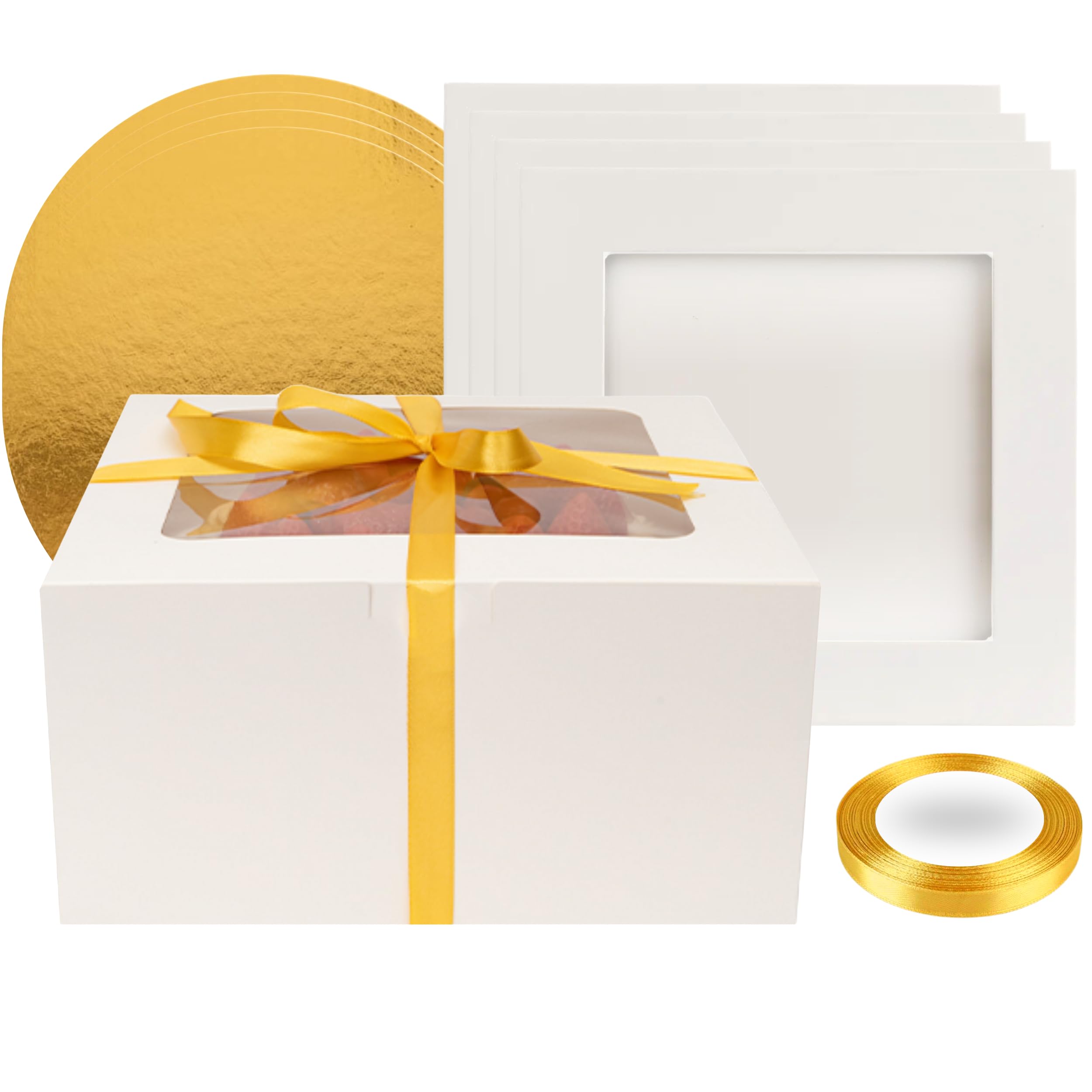 BELMAKS 10 Inch Cake Box Set – Disposable Cake Containers with Lids and Gold Ribbon Bakery Boxes with Window Tall Cake Boxes 10 Inch and 10 Inch Cake Drum Paper Box for Cake with Ribbon and Cake Board