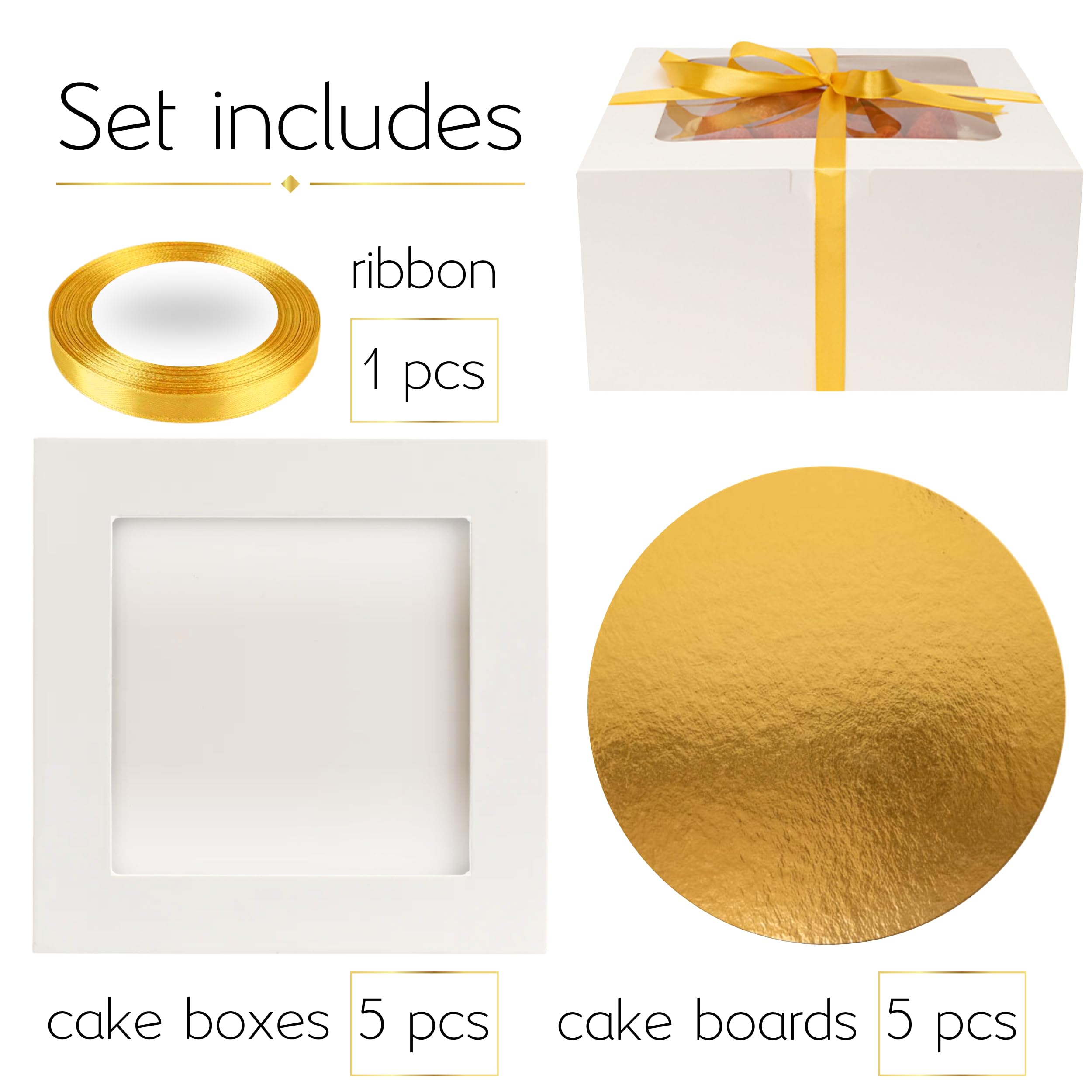 BELMAKS 10 Inch Cake Box Set – Disposable Cake Containers with Lids and Gold Ribbon Bakery Boxes with Window Tall Cake Boxes 10 Inch and 10 Inch Cake Drum Paper Box for Cake with Ribbon and Cake Board