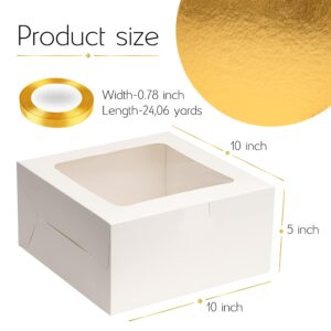 BELMAKS 10 Inch Cake Box Set – Disposable Cake Containers with Lids and Gold Ribbon Bakery Boxes with Window Tall Cake Boxes 10 Inch and 10 Inch Cake Drum Paper Box for Cake with Ribbon and Cake Board