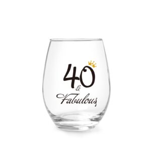 jogskeor 40th birthday gift for women, 40 & fabulous stemless wine glass, 40 year old wine glass birthday gift for mom, women, wife, sister, aunt, friends, coworker