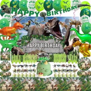 dinosaur birthday party supplies decorations include backdrop, tablecloth, birthday banners, cake decoration, cupcake toppers, latex balloons, hanging swirls, tableware set, aluminum foil balloon