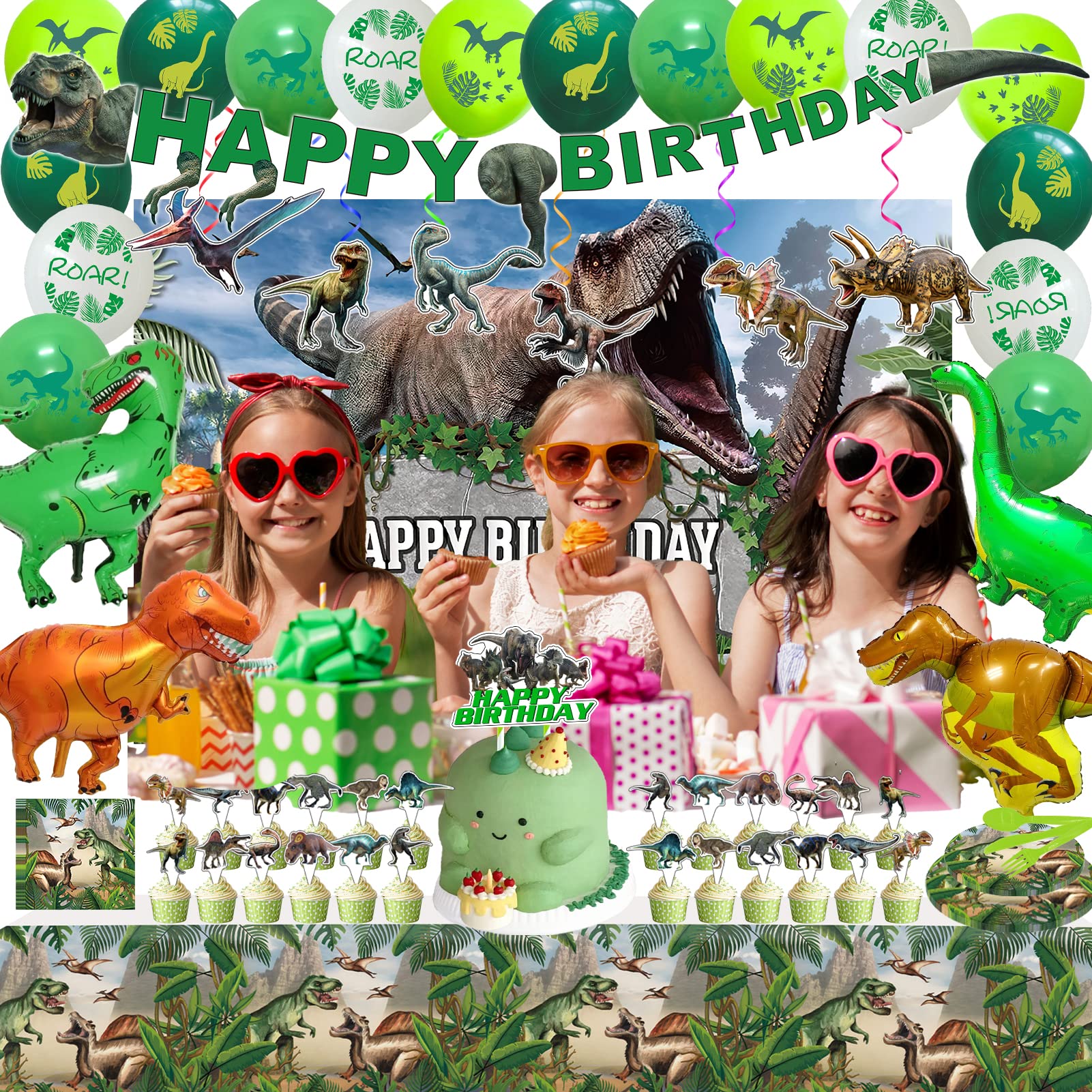 Dinosaur Birthday Party Supplies Decorations Include Backdrop, Tablecloth, Birthday Banners, Cake Decoration, Cupcake Toppers, Latex Balloons, Hanging Swirls, Tableware Set, Aluminum foil Balloon