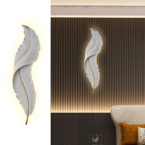 qufute feather wall light modern led dimmable wall sconce lighting with white elegant feather design 3000k-6000k vintage led wall lamp deco for bedroom living room hallway,three -color light