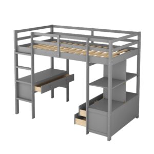 Merax Twin Loft Bed with Desk and Storage, Wood Bed Frame with Multi-Drawers and Shelves, Adjustable Direction Design, for Teens Adults (Grey)