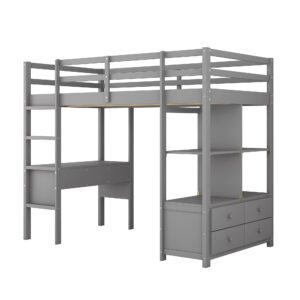 Merax Twin Loft Bed with Desk and Storage, Wood Bed Frame with Multi-Drawers and Shelves, Adjustable Direction Design, for Teens Adults (Grey)