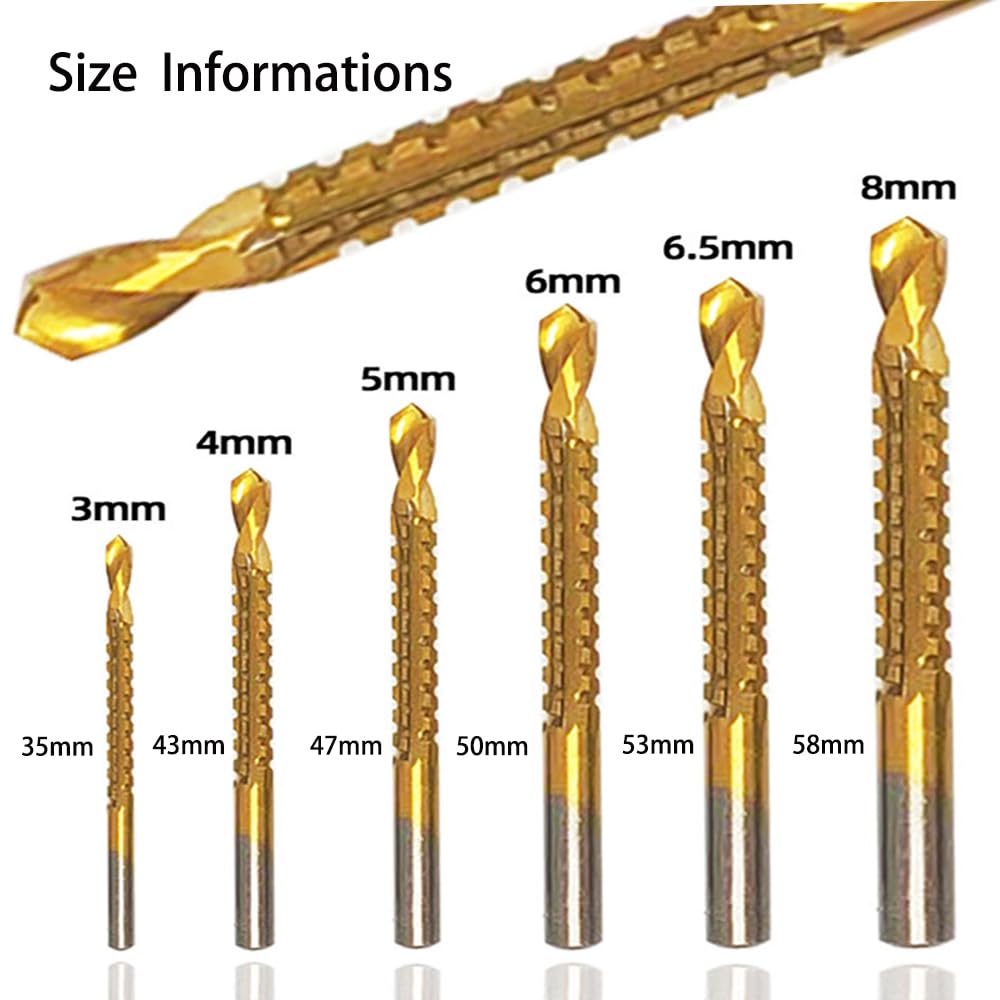 Serrated Twist Drill Bits, 6PcsTitanium Coated HSS Drill Bit(3-8mm) for Woodworking Wood Metal Plastic - Fast, Efficient, and Durable - Includes Serrated Grooving, Cutting, Drilling and More
