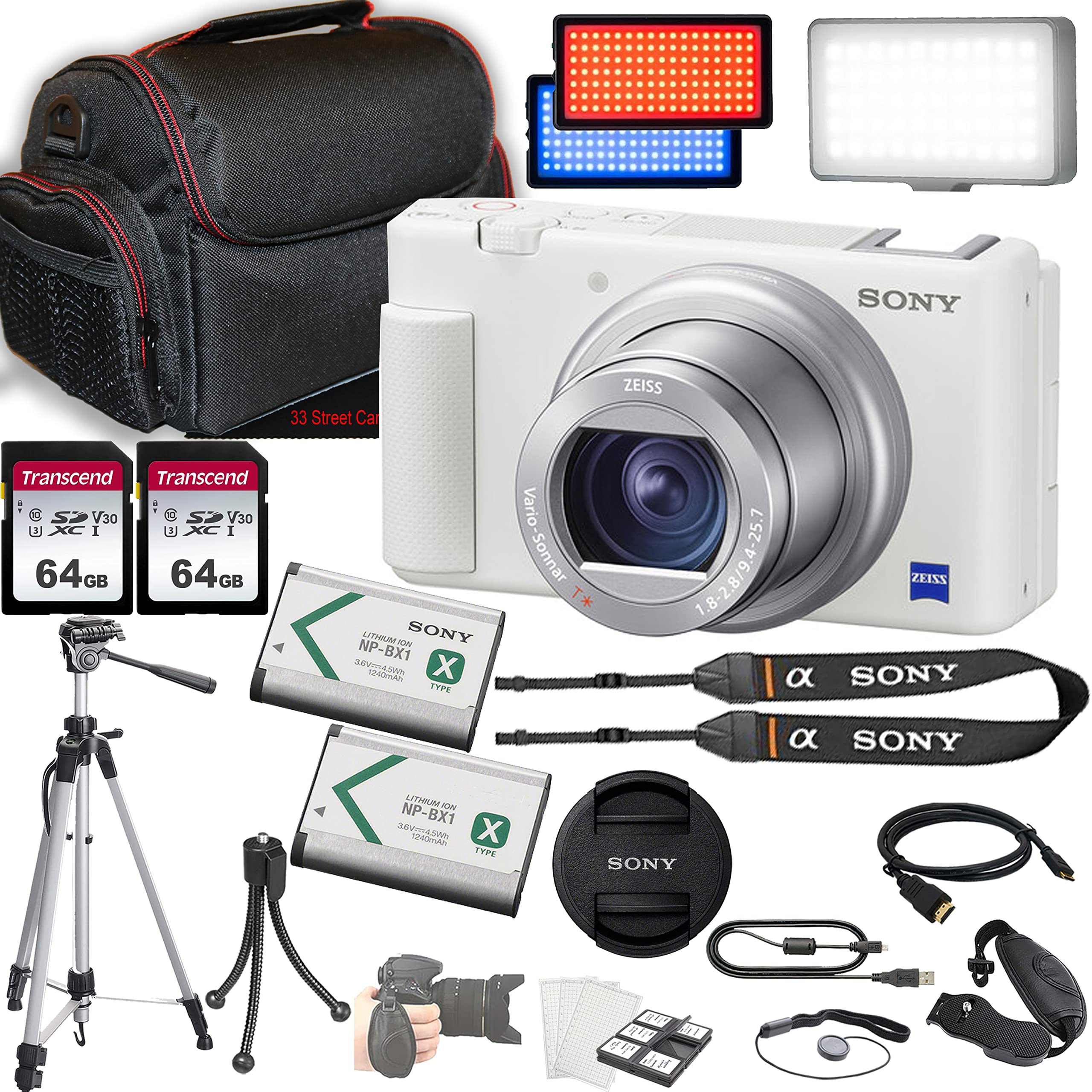 Sony ZV-1 Digital Camera (White) + 2X 64GB Memory + LED Video Light + Case + Filters + Tripod & More (25pc Bundle) (Renewed)