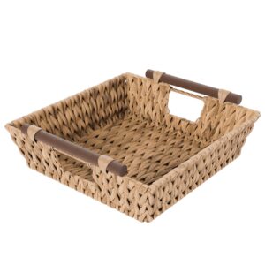 american atelier water hyacinth wicker basket with handles | square woven wicker storage baskets with builtin carry handles | laundry storage or pantry bin | natural weave | american atelier
