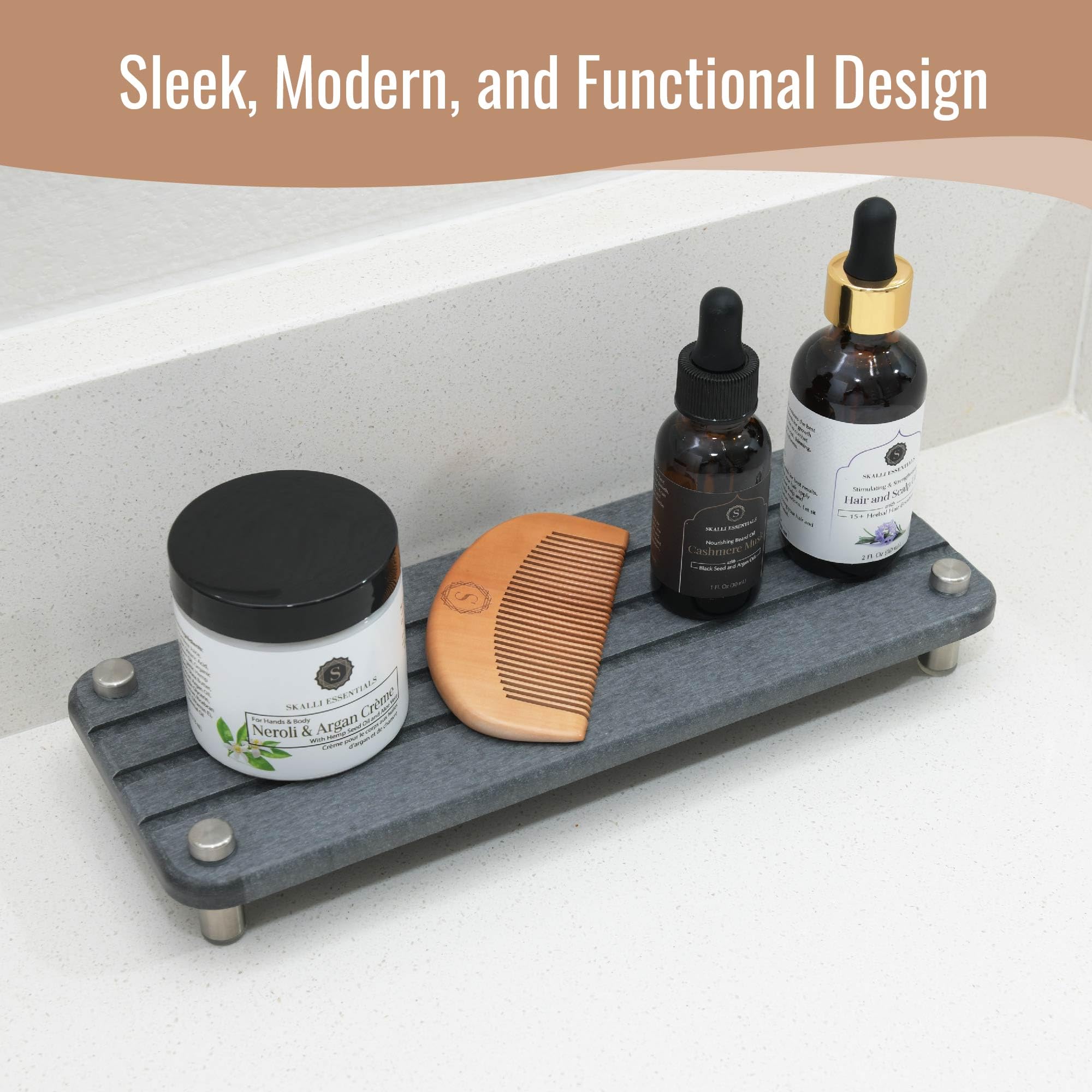Skalli Essentials Instant Dry Sink Caddy Organizer - Quick Dry Stone Sink Tray for Kitchen & Bathroom - Hand Soap Tray, Soap Dispenser Tray - Sleek White or Black Soap Tray & Accessory Tray (Slate)