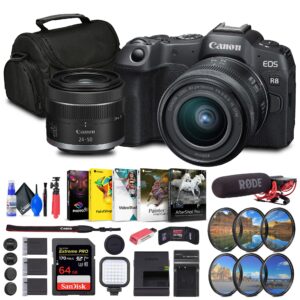canon eos r8 mirrorless camera with rf 24-50mm f/4.5-6.3 is stm lens (5803c012) + rode videomic + 64gb card + corel photo software + bag + charger + filter kit + 2 x lpe17 battery + more (renewed)