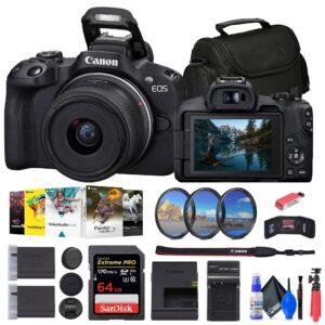canon eos r50 mirrorless camera with 18-45mm lens (black) (5811c012) + 64gb card + filter kit + corel photo software + bag + charger + lpe17 battery + card reader + flexible tripod + more (renewed)