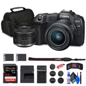 canon eos r8 mirrorless camera with rf 24-50mm f/4.5-6.3 is stm lens (5803c012) + 64gb memory card + bag + charger + lpe17 battery + card reader + memory wallet + cleaning kit (renewed)