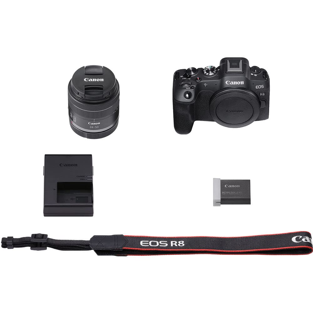 Canon EOS R8 Mirrorless Camera with RF 24-50mm f/4.5-6.3 is STM Lens (5803C012) + 64GB Memory Card + Bag + Charger + LPE17 Battery + Card Reader + Memory Wallet + Cleaning Kit (Renewed)