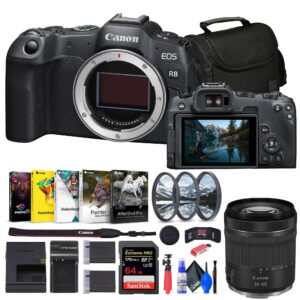 canon eos r8 mirrorless camera (5803c002) rf 24-105mm lens + 64gb memory card + filter kit + corel photo software + bag + charger + lpe17 battery + card reader + flex tripod + more (renewed)