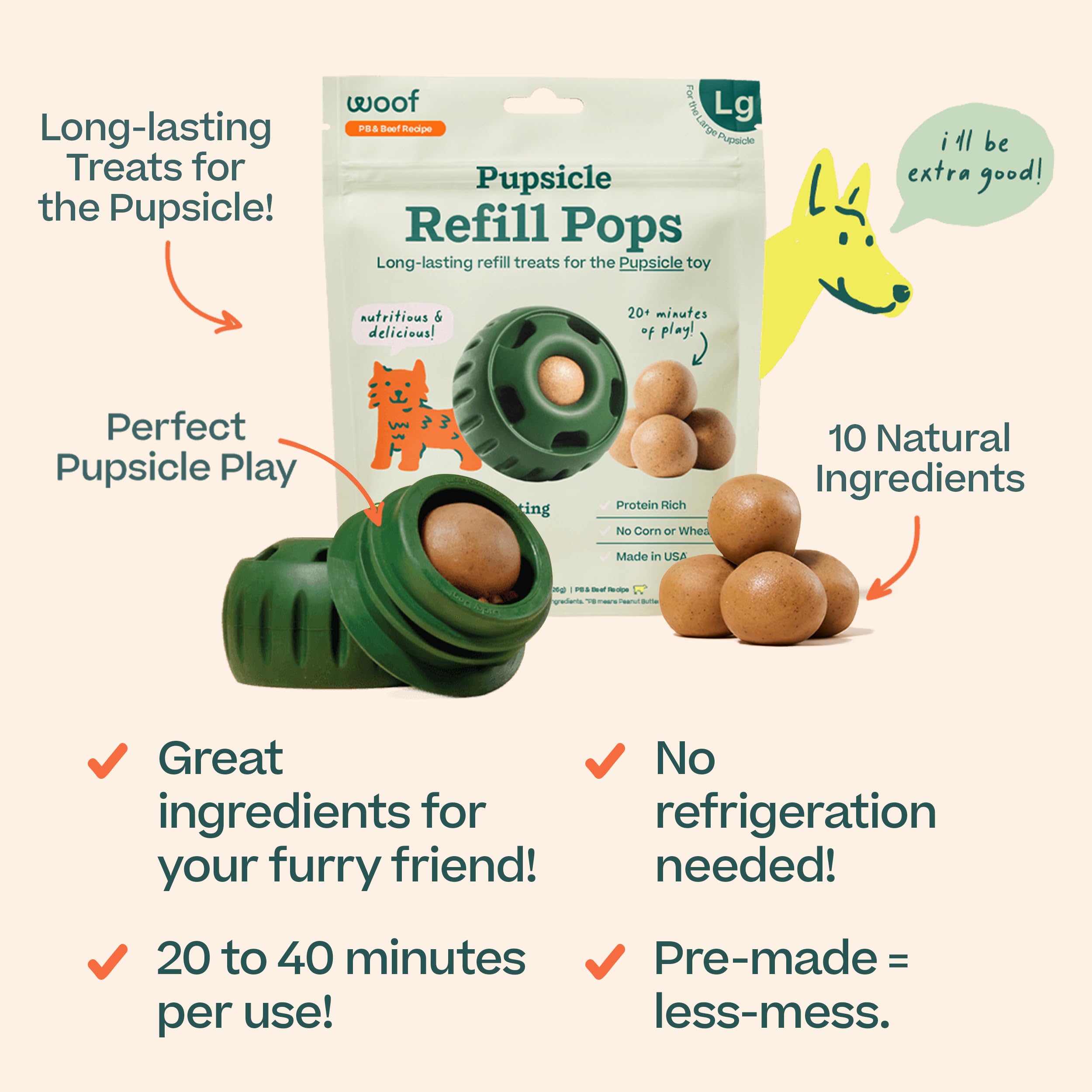 WOOF Pupsicle Pops, Delicious Long Lasting Dog Treats, Refills for The Pupsicle, Pre-Made Refill Treats for Dogs, Natural Ingredients, Low-Mess Beef Pet Treats - Large Pops - 7 Count
