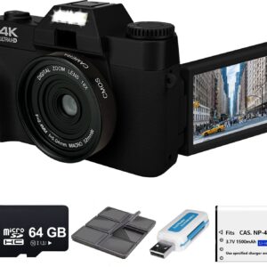 eDealz 4K 48MP Digital Camera Photography with 3’’ 180° Flip Screen, WiFi, 16X Zoom, Rechargeable Battery, 64GB Micro SD Card, 6 PC Card Holder USB Card Reader (Black)