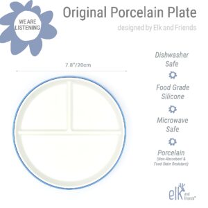 Elk and Friends Kids 7.8” Porcelain White Plates with Silicone Sleeves | Divided Plates | Suitable for Kids/Toddlers | Microwave & Dishwasher Safe | Non Slip | Snack Dishes…