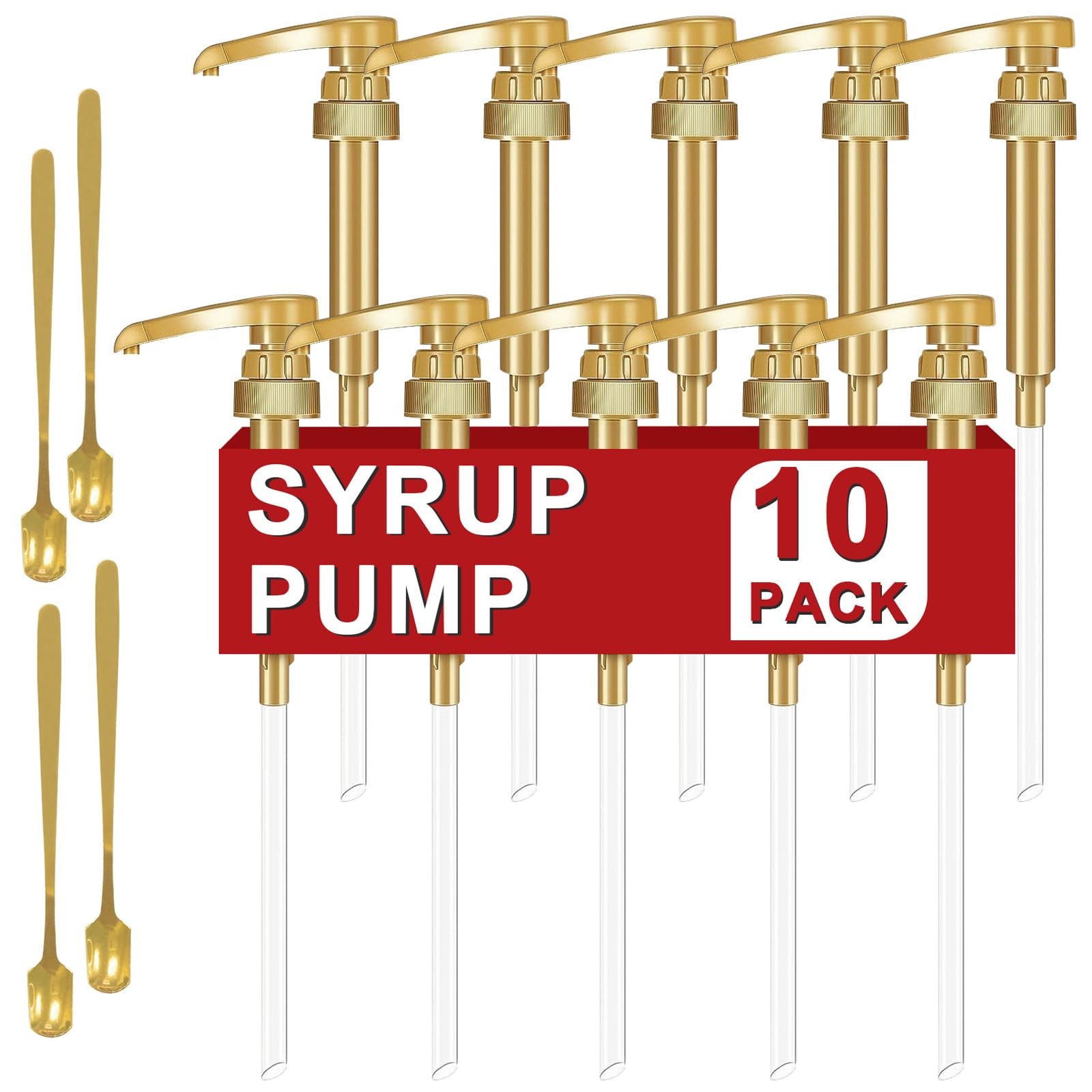 ZTTXL 10 Packs Coffee Syrup Pump Dispenser,Fits 25.4 Oz/750ml Coffee Flavoring Syrup Bottles,No Dripping, Fits Home & Coffee Bar Drinking Mixes,Free 4 Golden Spoons