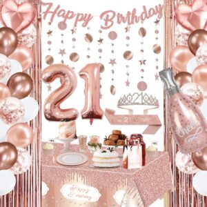 21st birthday decorations for her - rose gold 21 birthday decorations, rose gold banners, balloons, tablecloth, fringe curtain, sash and tiara for women girls princess 21st birthday party supplies