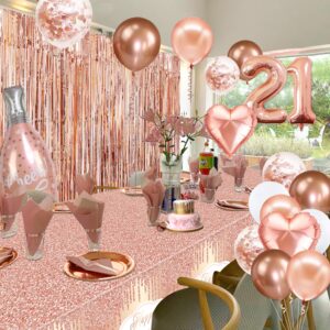 21st Birthday Decorations for Her - Rose Gold 21 Birthday Decorations, Rose Gold Banners, Balloons, Tablecloth, Fringe Curtain, Sash and Tiara for Women Girls Princess 21st Birthday Party Supplies