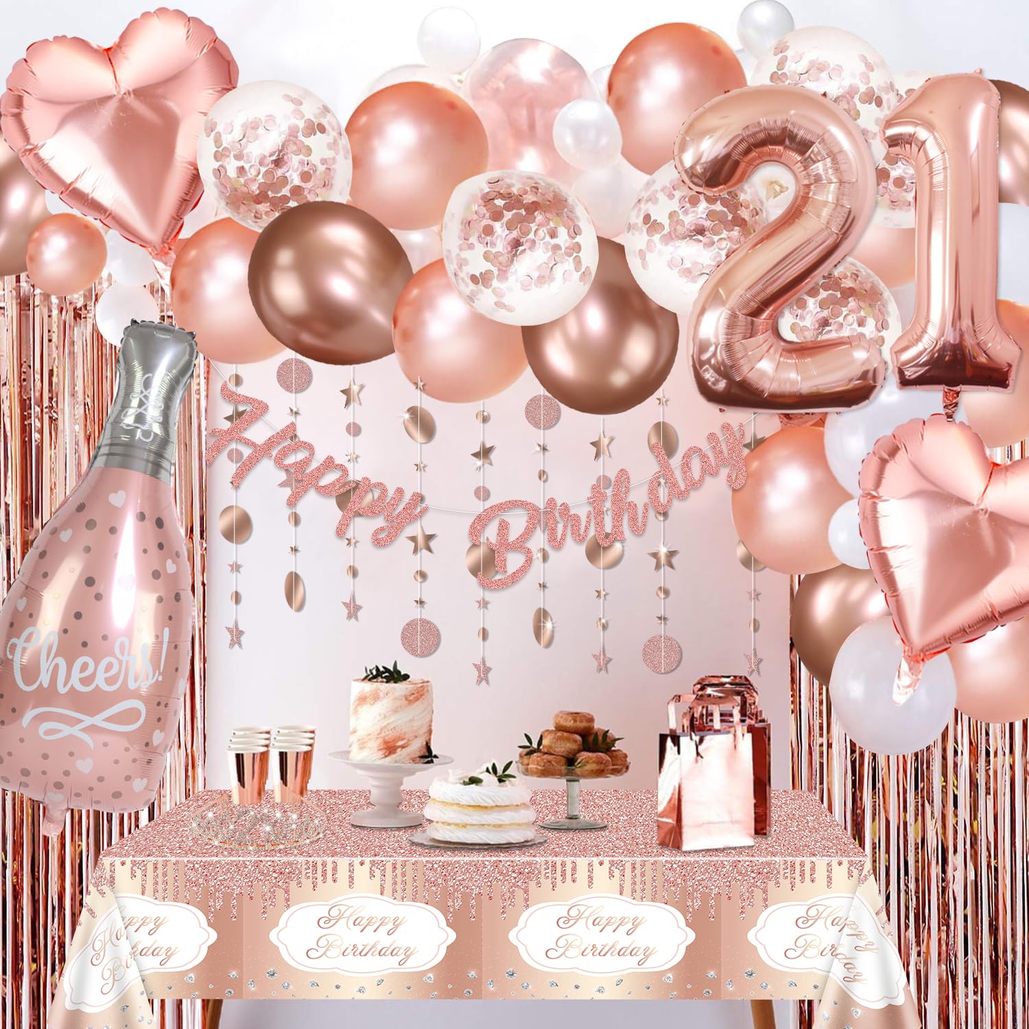 21st Birthday Decorations for Her - Rose Gold 21 Birthday Decorations, Rose Gold Banners, Balloons, Tablecloth, Fringe Curtain, Sash and Tiara for Women Girls Princess 21st Birthday Party Supplies