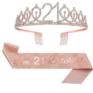 21st Birthday Decorations for Her - Rose Gold 21 Birthday Decorations, Rose Gold Banners, Balloons, Tablecloth, Fringe Curtain, Sash and Tiara for Women Girls Princess 21st Birthday Party Supplies