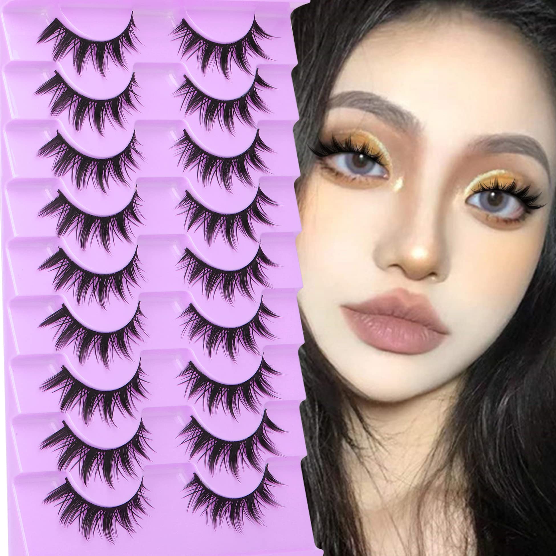 Anime Eyelashes Little Devil Spiky Manga Lashes 9 Pairs Thick Wispy Asian Japanese Style Makeup Lashes Cat Eye Doll Fake Eyelashes Strip by Mavphnee