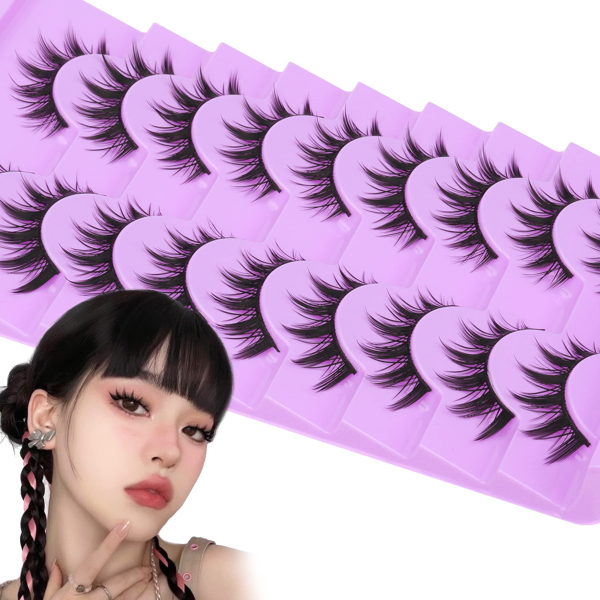 Anime Eyelashes Little Devil Spiky Manga Lashes 9 Pairs Thick Wispy Asian Japanese Style Makeup Lashes Cat Eye Doll Fake Eyelashes Strip by Mavphnee