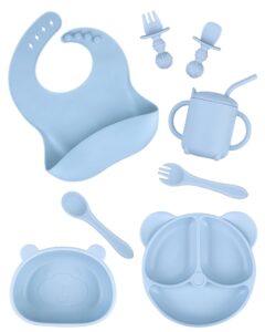 ofun 8 pack silicone toddler feeding set, baby led weaning supplies with adjustable bib, divided suction plate, bowl and a sippy cup, with 2 spoon, 2 folk, eating utensil for 6+ months