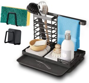 rominvic sink caddy organizer,kitchen caddy for sponge dishcloth brush holder with black drain tray and 2 sponge holders 304 stainless steel rustproof