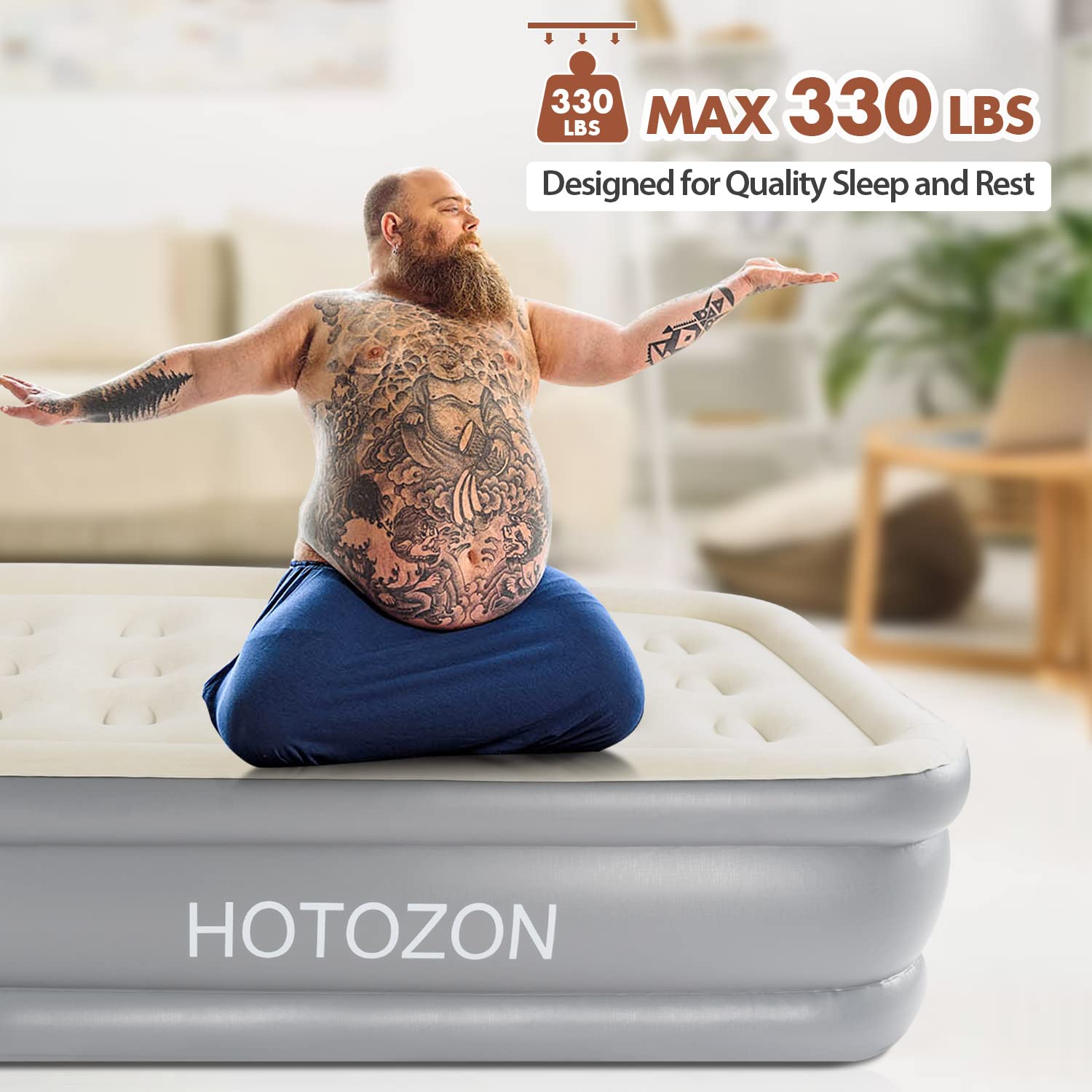 HOTOZON Twin Air Mattress with Built-in Pump, 18" Foldable Air Bed with Carry Bag, Luxury Elevated Inflatable Air Mattresses, Blow Up Airbed for Home, Camping & Guests, Grey