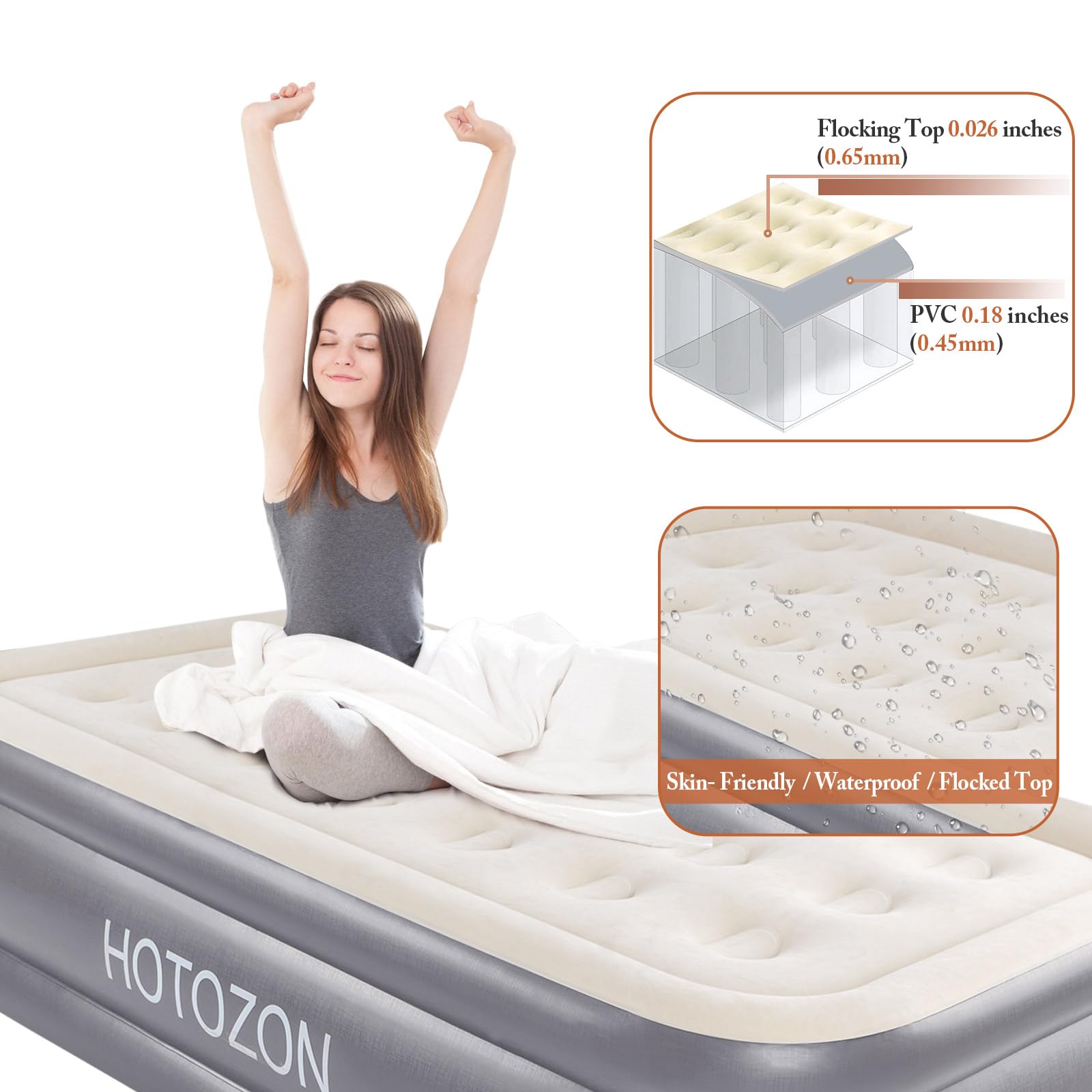 HOTOZON Twin Air Mattress with Built-in Pump, 18" Foldable Air Bed with Carry Bag, Luxury Elevated Inflatable Air Mattresses, Blow Up Airbed for Home, Camping & Guests, Grey