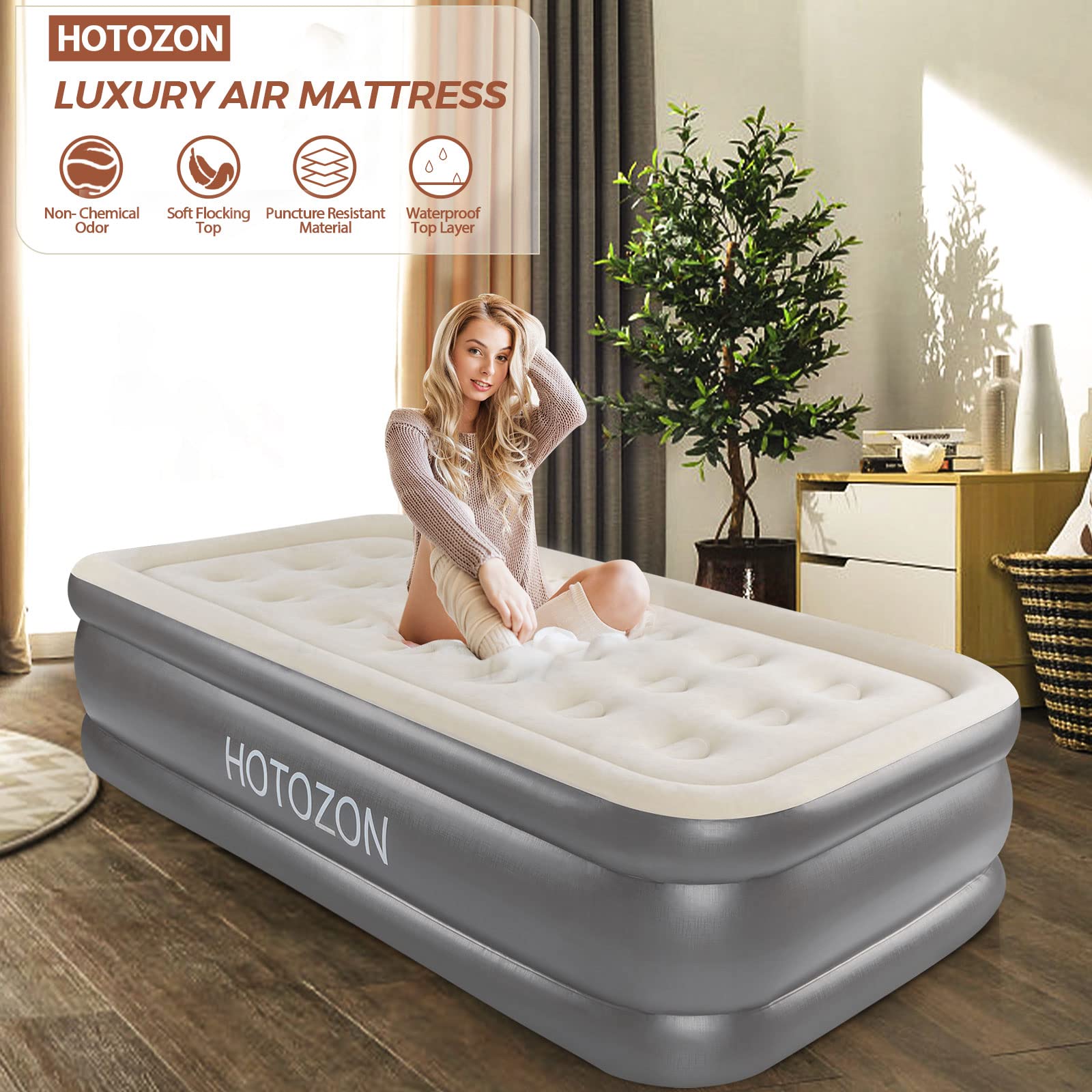 HOTOZON Twin Air Mattress with Built-in Pump, 18" Foldable Air Bed with Carry Bag, Luxury Elevated Inflatable Air Mattresses, Blow Up Airbed for Home, Camping & Guests, Grey