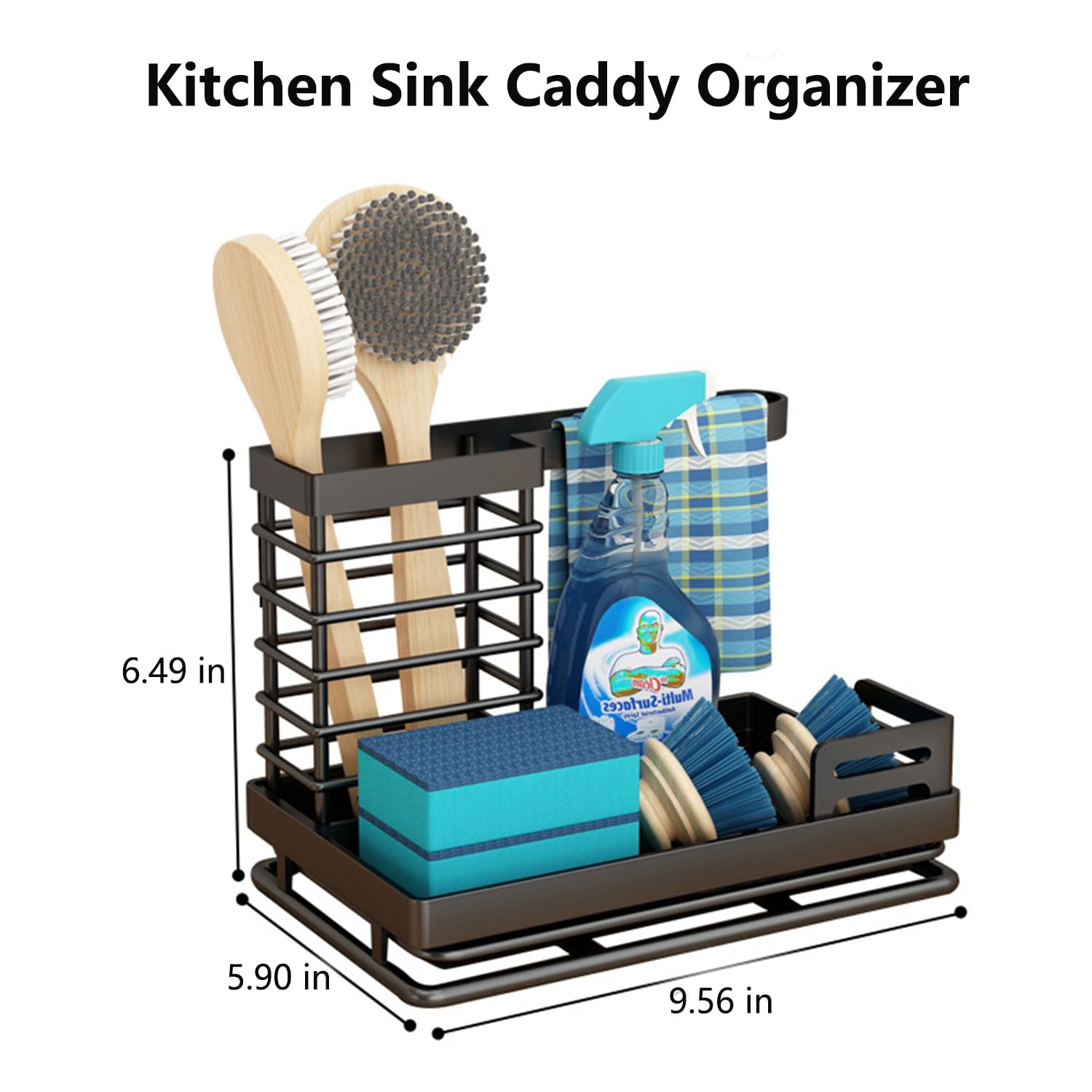 Fsawdnn Sink Caddy,Kitchen Sink Organizer Sponge Holder for Kitchen Sink with Removable Drain Pan Storage Home Essentials Accessories（Matte Black）