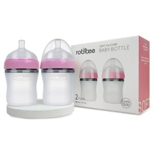 soft silicone baby feeding bottle | anti-colic, slow-flow nipples, balanced base, natural shape for natural latching and holding, easy to clean, 2-pack (6 oz, pink)