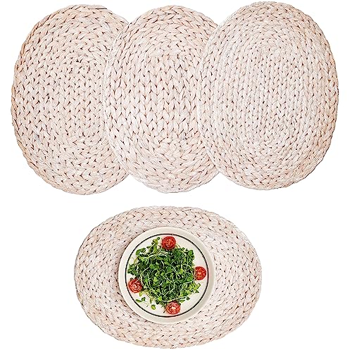 Oval Water Hyacinth Placemats 15.75 x 12 inch Set of 4, White Woven Placemat, Handmade Farmhouse Placemats, Rustic Table Placemat for Dining, Kitchen, Home Decor, Heat Resistant Non-Slip (White)