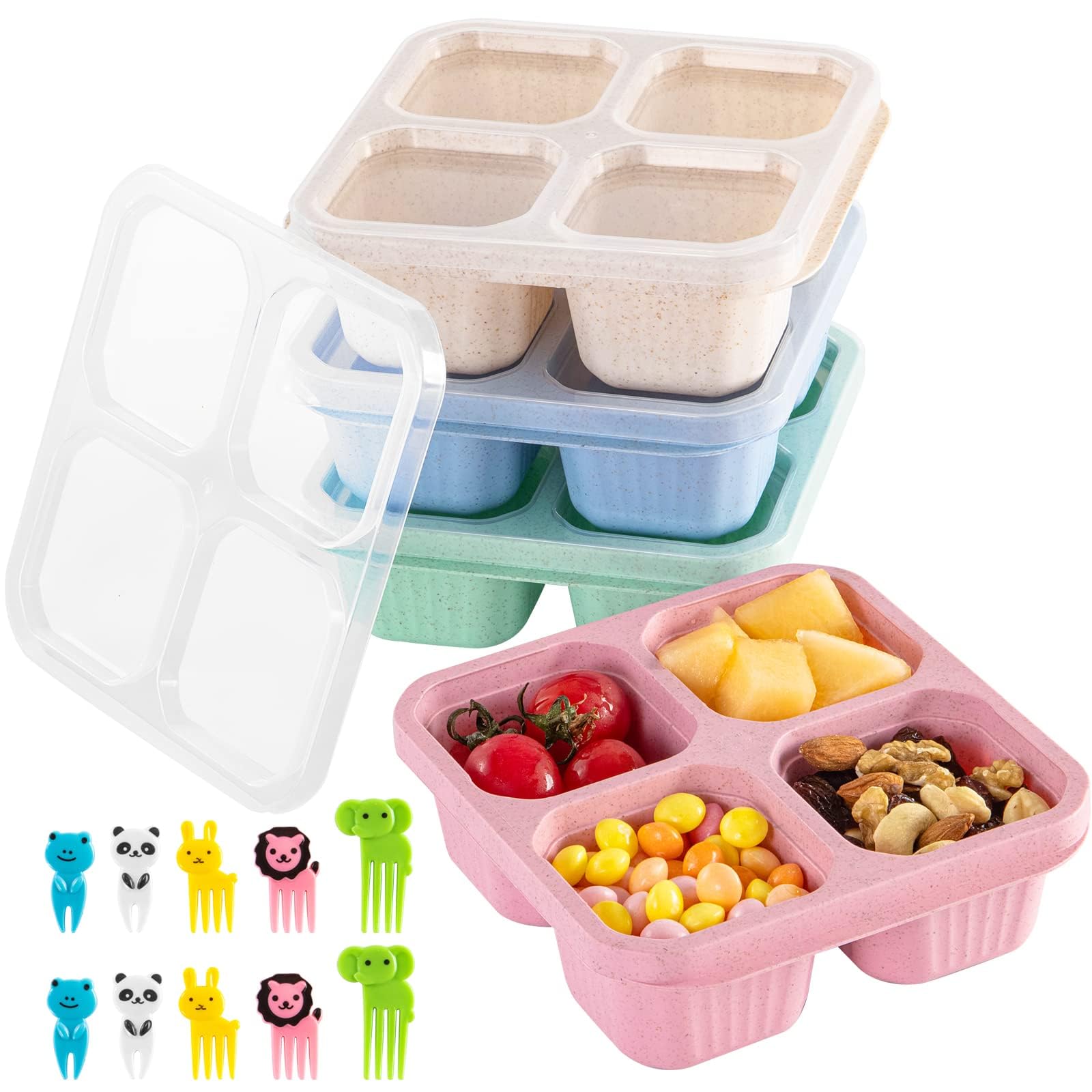 T TRIPLOG Bento Snack Boxes, Reusable 4 Compartments Food Containers for School, Work and Travel, Stackable Set of 4