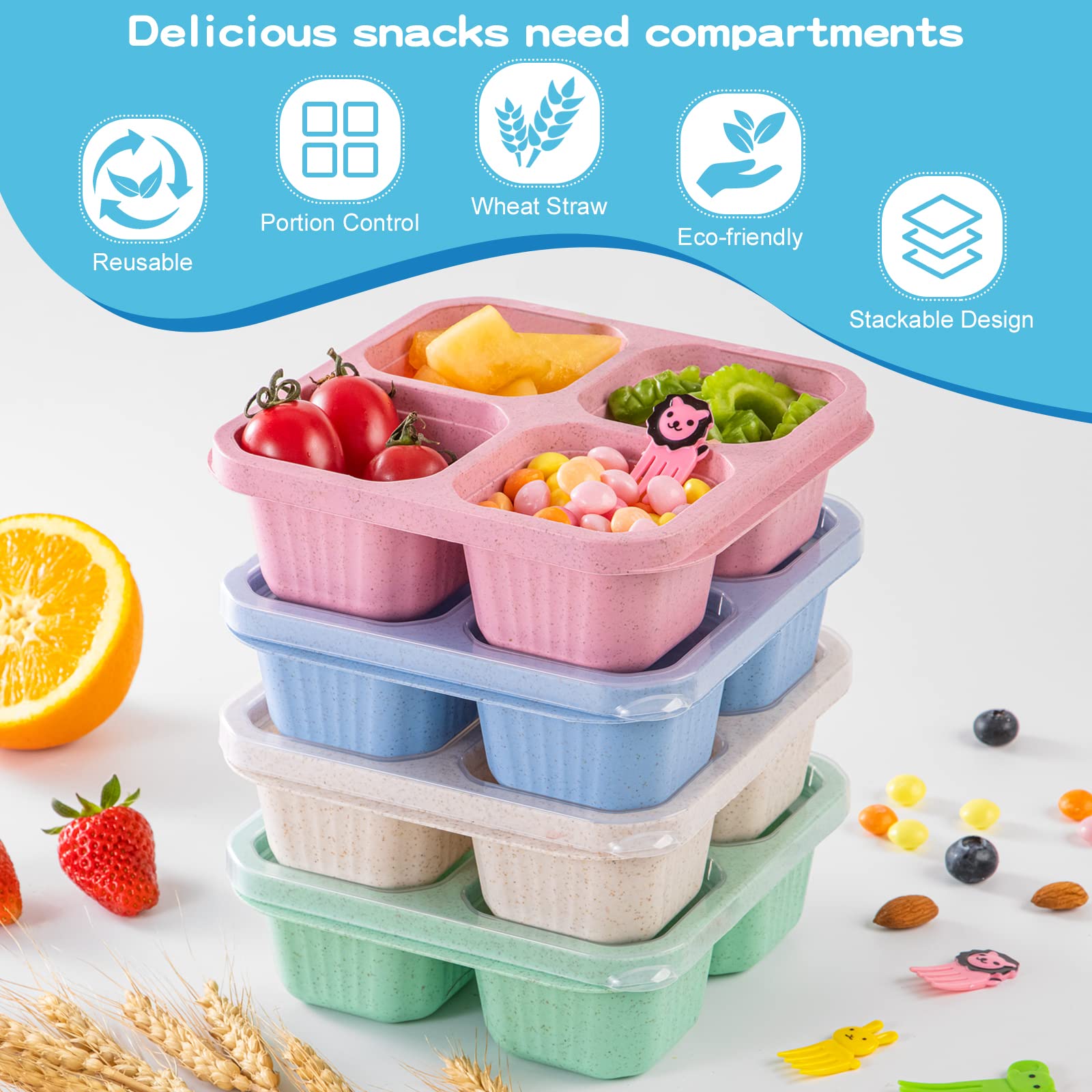 T TRIPLOG Bento Snack Boxes, Reusable 4 Compartments Food Containers for School, Work and Travel, Stackable Set of 4