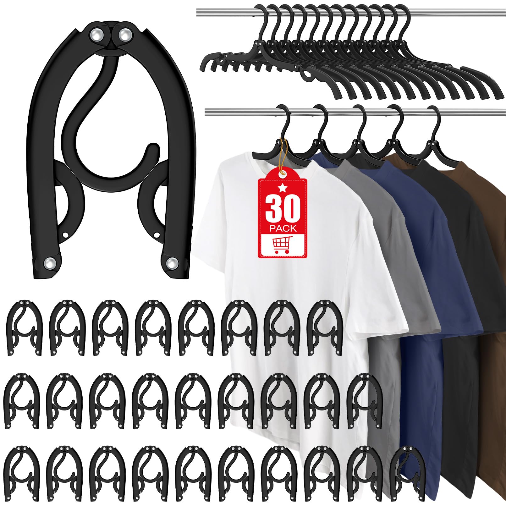 Travel Hangers Portable Foldable Travel Hanger Organizer, Plastic Travel Accessories Essentials Clothes Drying Rack Folding Hangers for Traveling Camping RV Cruises (Black, 30 Pack)