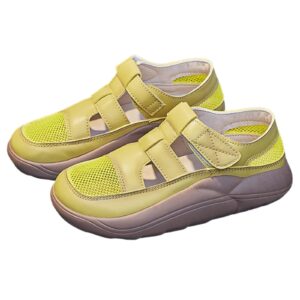elshtide women leather mesh breathable adjustable ankle platform sport sandals,summer casual non-slip comfort beach sandals (yellow,8.5)